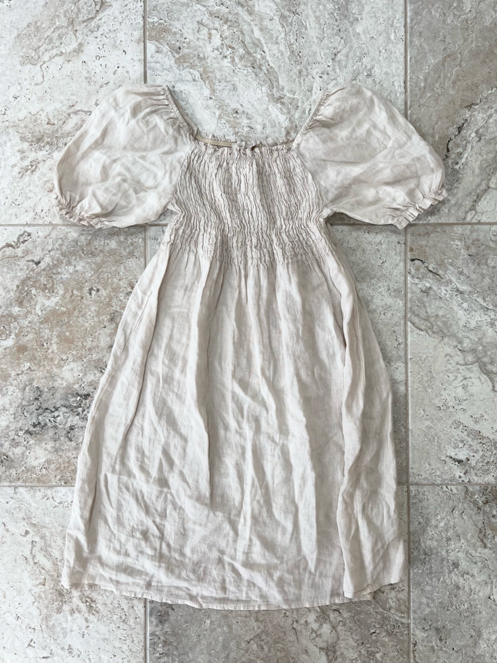 Bellambra Italian Linen Smocked Puff Sleeve Boho Dress Natural Beige size Small - Picture 9 of 9